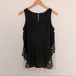 Sexy Y2K Flowy Layered Peek-a-boo Lace Blouse Tank Top Shirt in Black, Cream (S)